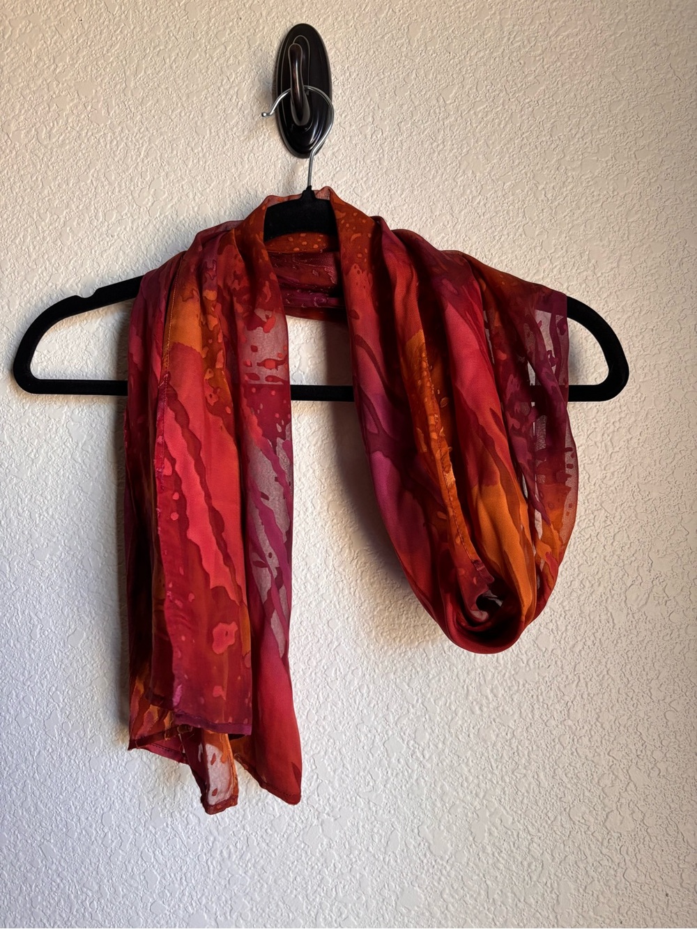 Chico's Red and Orange velvet detail  Silk Print Scarf  Boho Fall 🍁